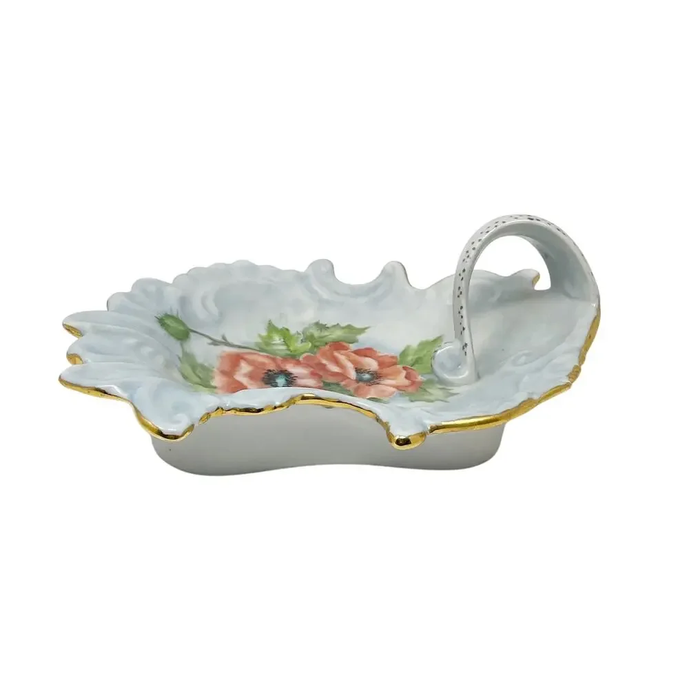 Vintage Pastel Blue Trinket Soap Jewelry Dish Red Poppies w Gold Trim 6 Inch MCM